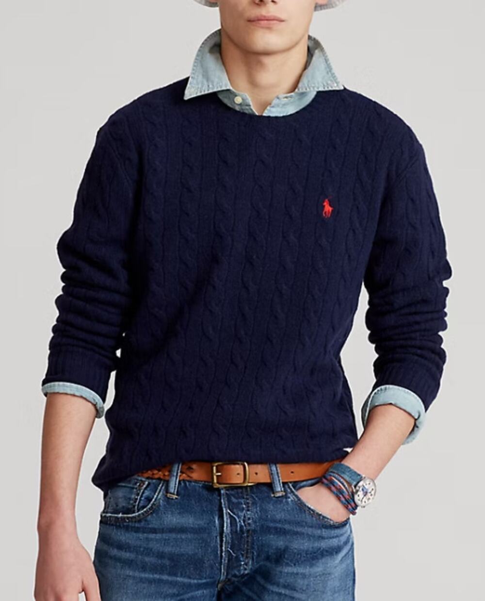 Polo Ralph Lauren Sweater Men Large Cable Knit Wool Cashmere Navy Blue Fisherman